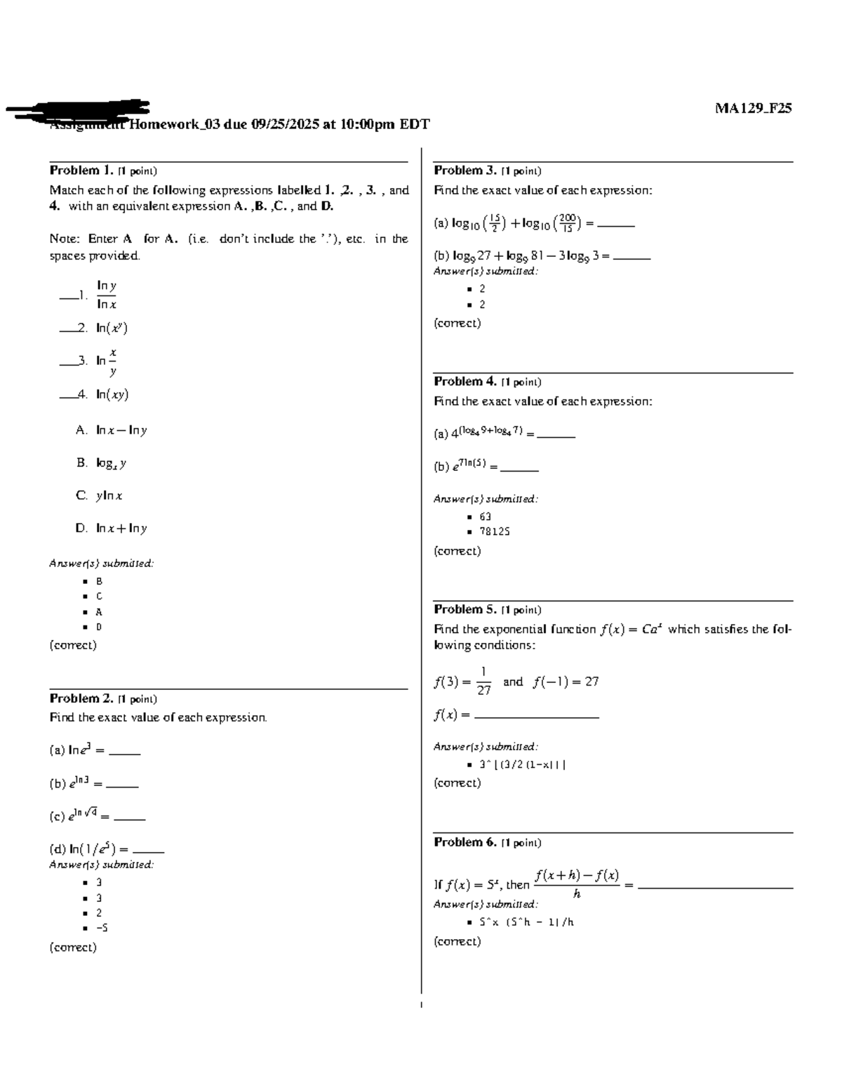 MA129 F25 Homework 03 - WeBWork Solutions and Answers - Studocu