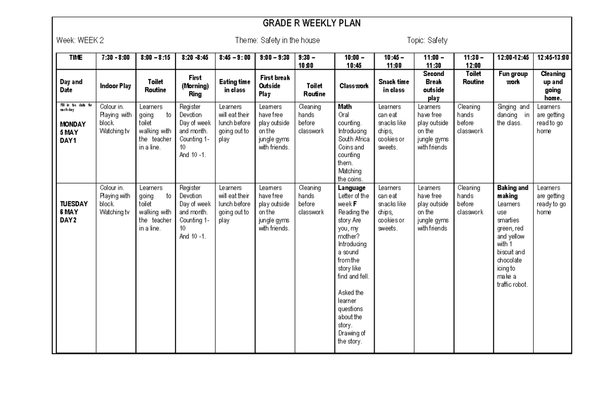 GRADE R WEEKLY PLAN: Safety Theme Activities for Week 2 - Studocu