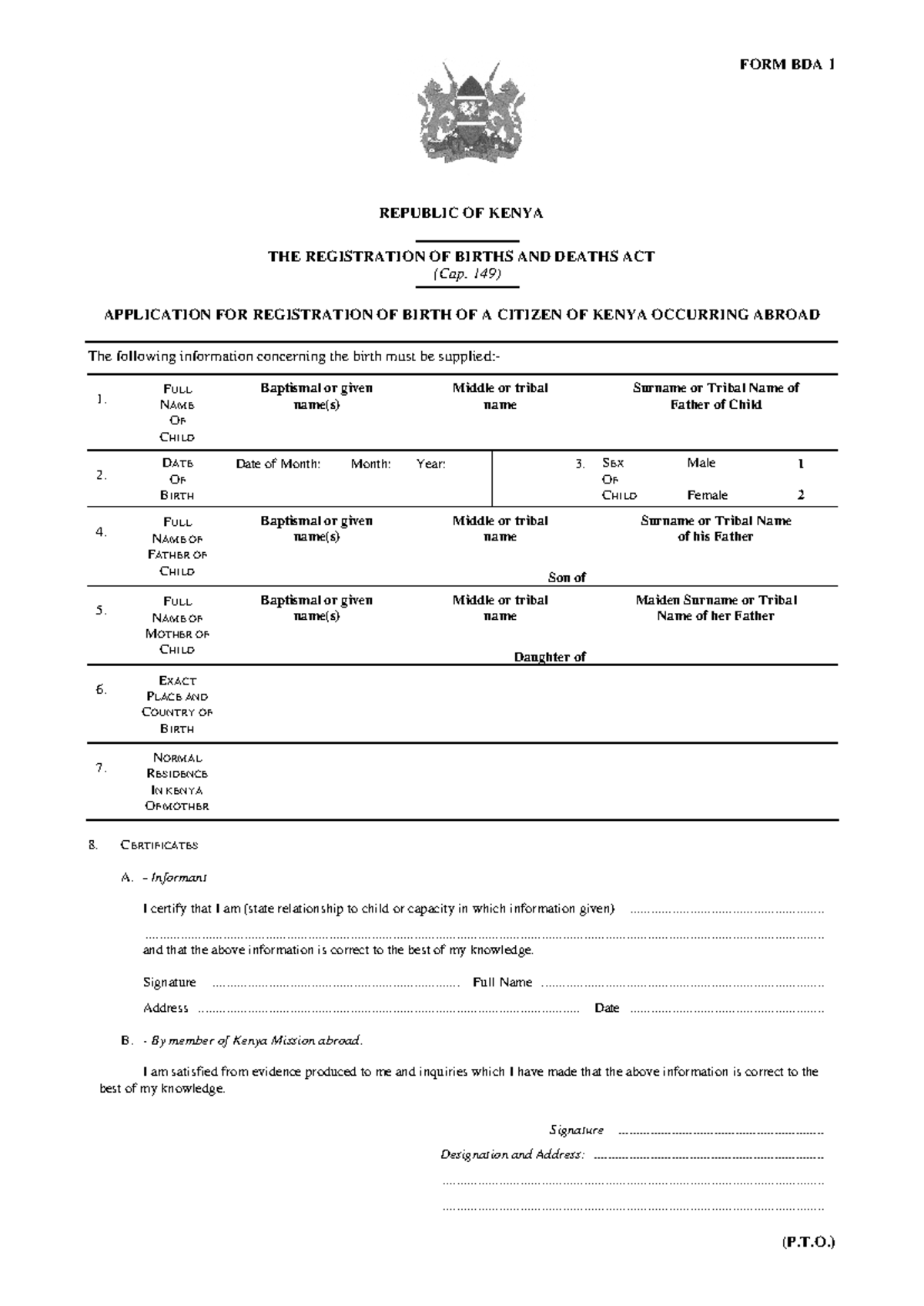 BDA 1 Birth Registration Form for Kenyan Citizens Abroad - Studocu