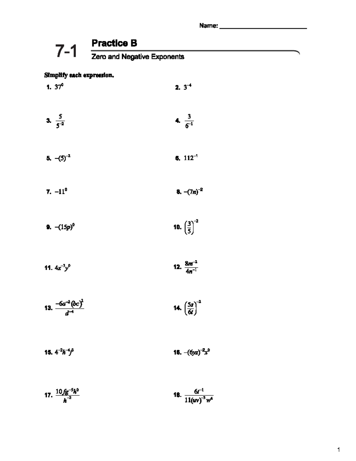 Practice B: Zero and Negative Exponents - Simplification and ...