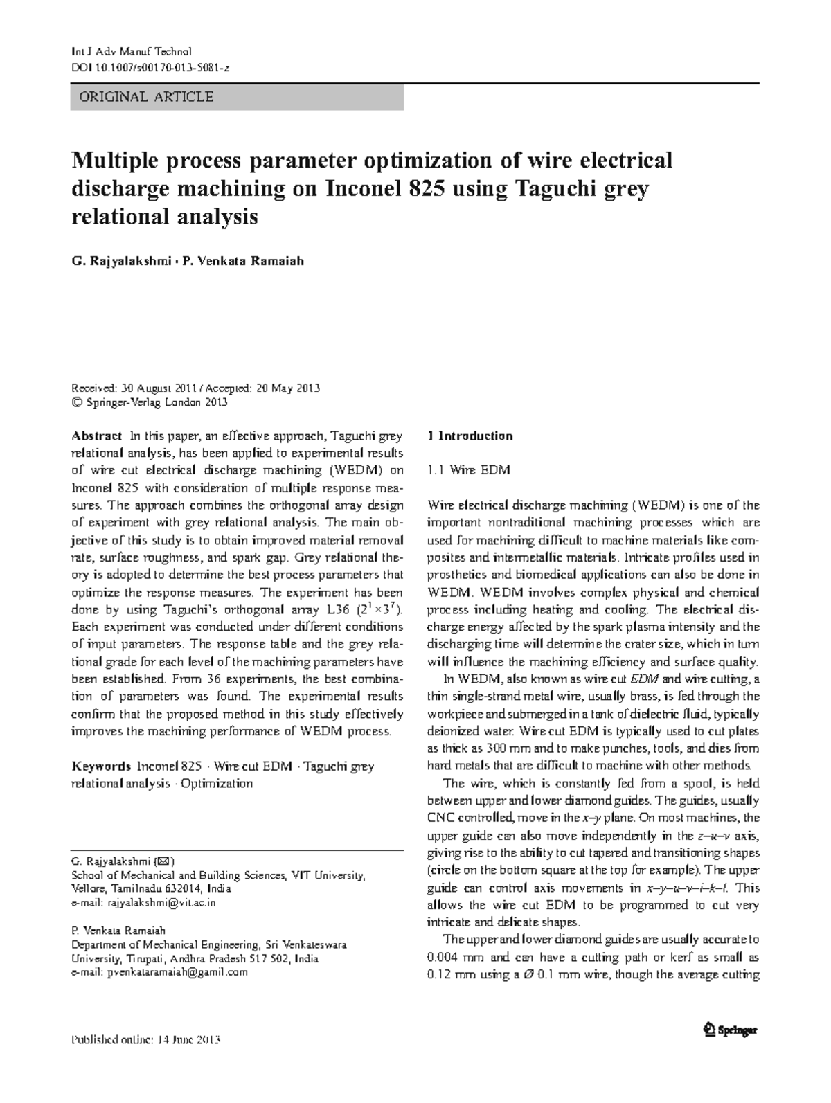 Multiple process parameter optimization of WEDM on Inconel 825 using ...