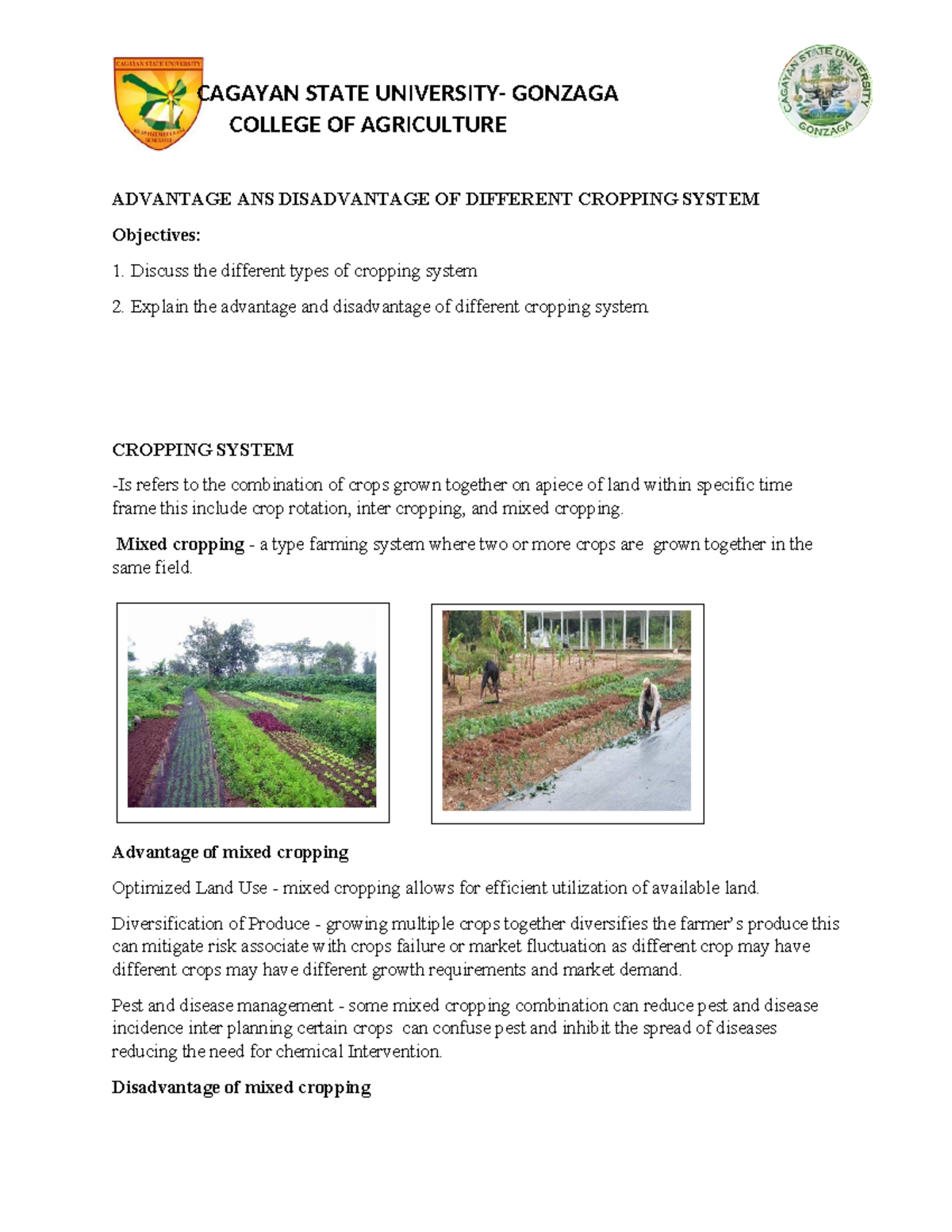 Advantages and Disadvantages of Cropping Systems in Agriculture - Studocu