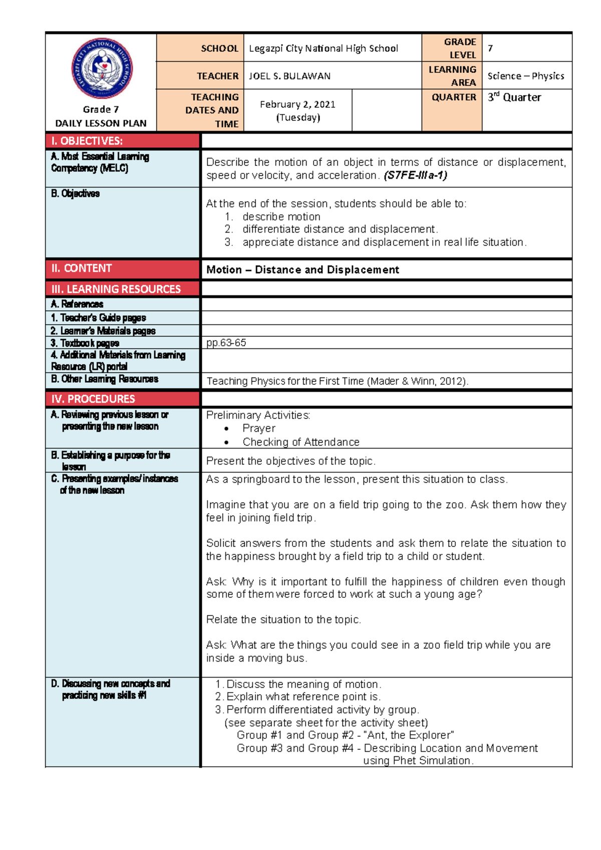 Grade 7 Science Lesson Plan: Motion, Distance & Displacement - Studocu