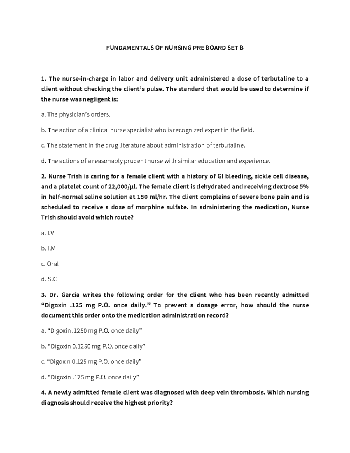 FUNDAMENTALS OF NURSING PRE BOARD SET B: Practice Questions and Answers ...