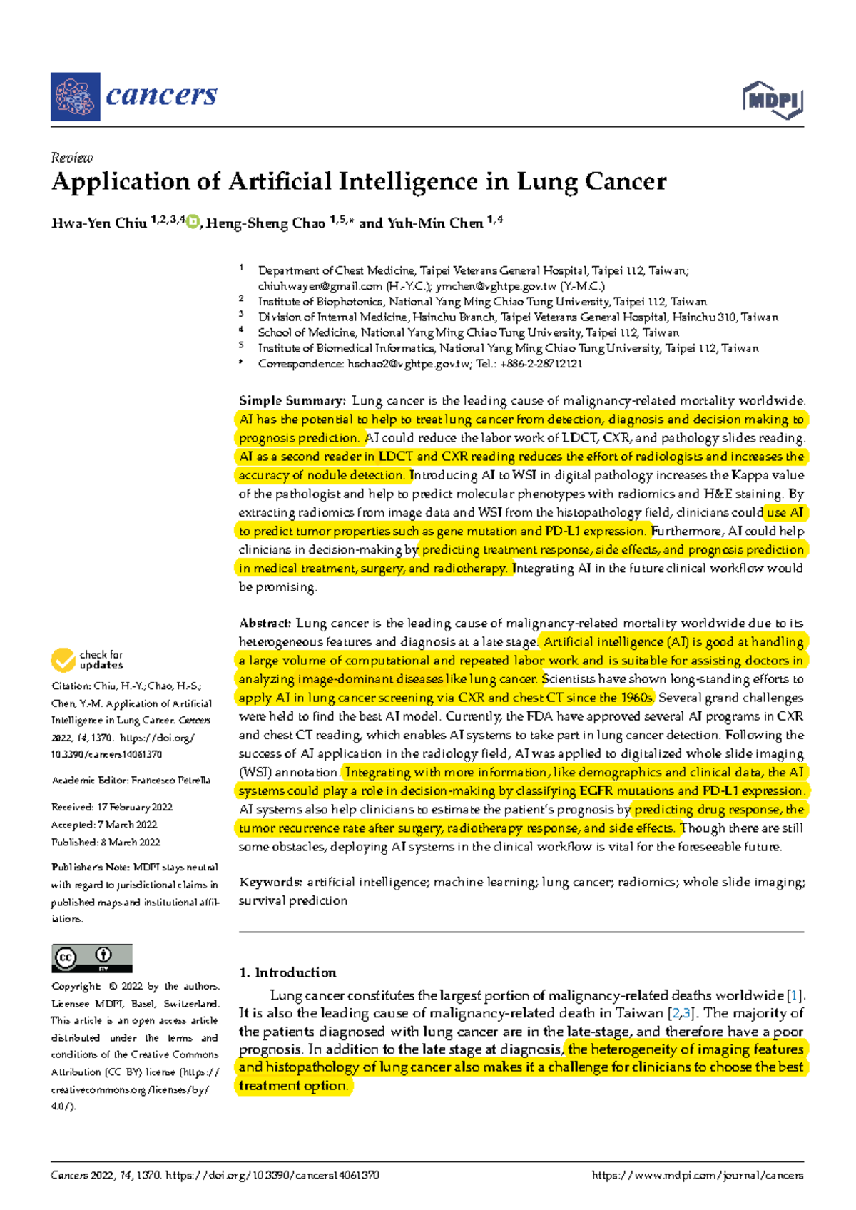 Cancers 2022, 14, 1370: AI Applications in Lung Cancer Diagnosis and ...