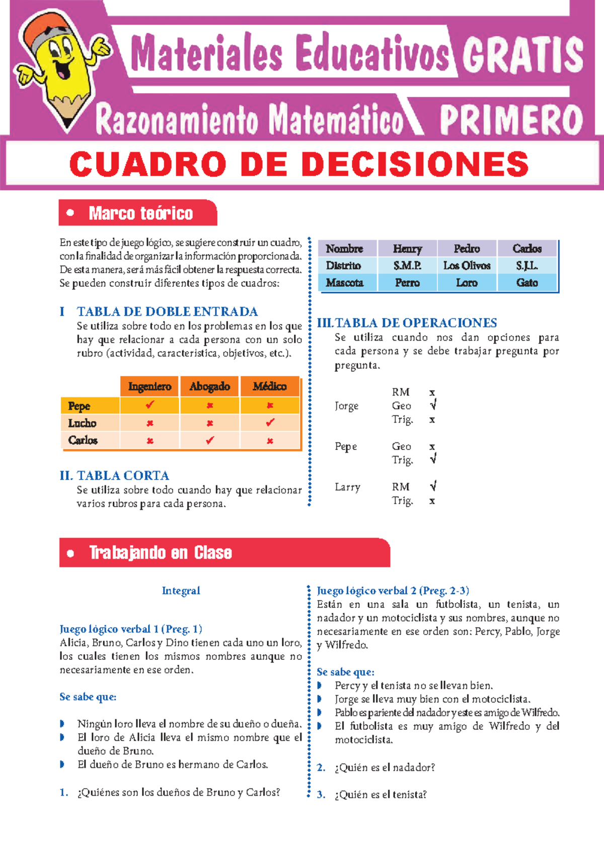 Ejercicios de Cuadro de Decisiones para 1er Grado de Secundaria - Document Preview