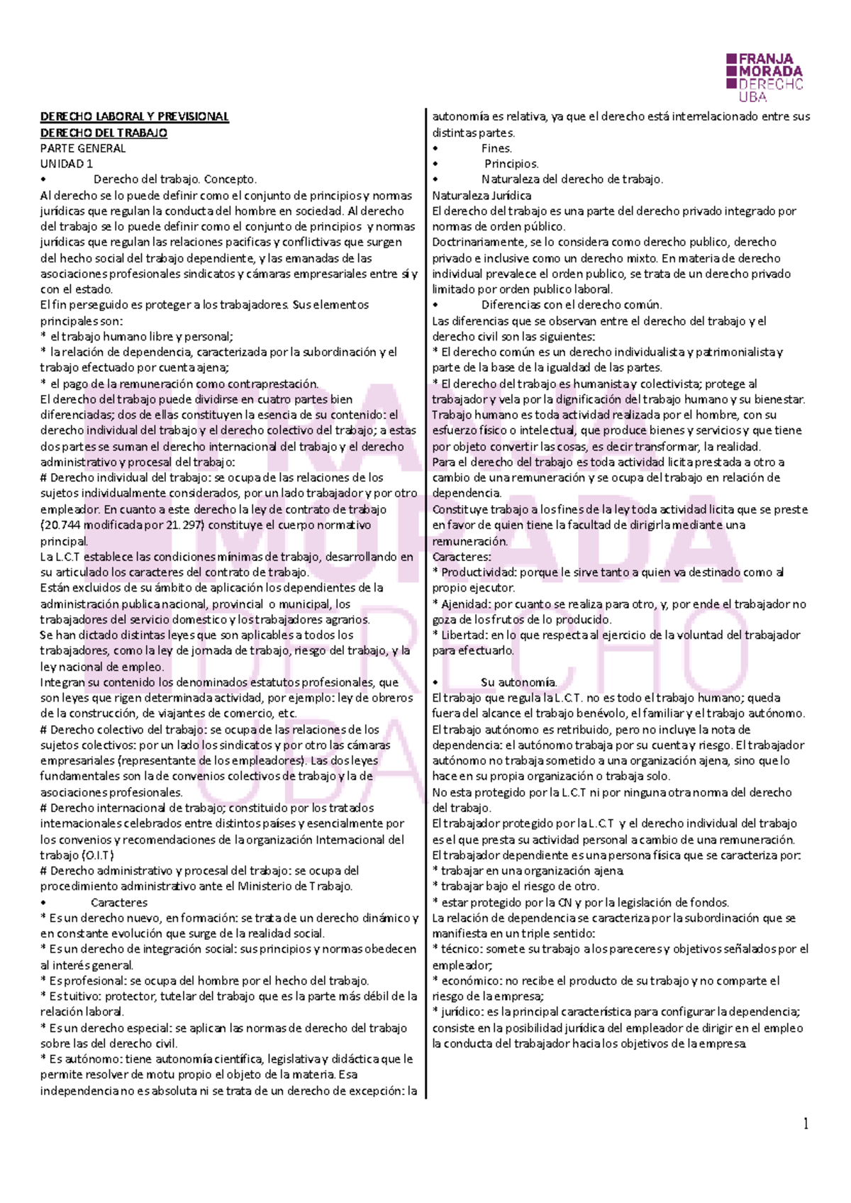 Resumen de Derecho Laboral y Previsional - Parte General - Unidad 1 ...