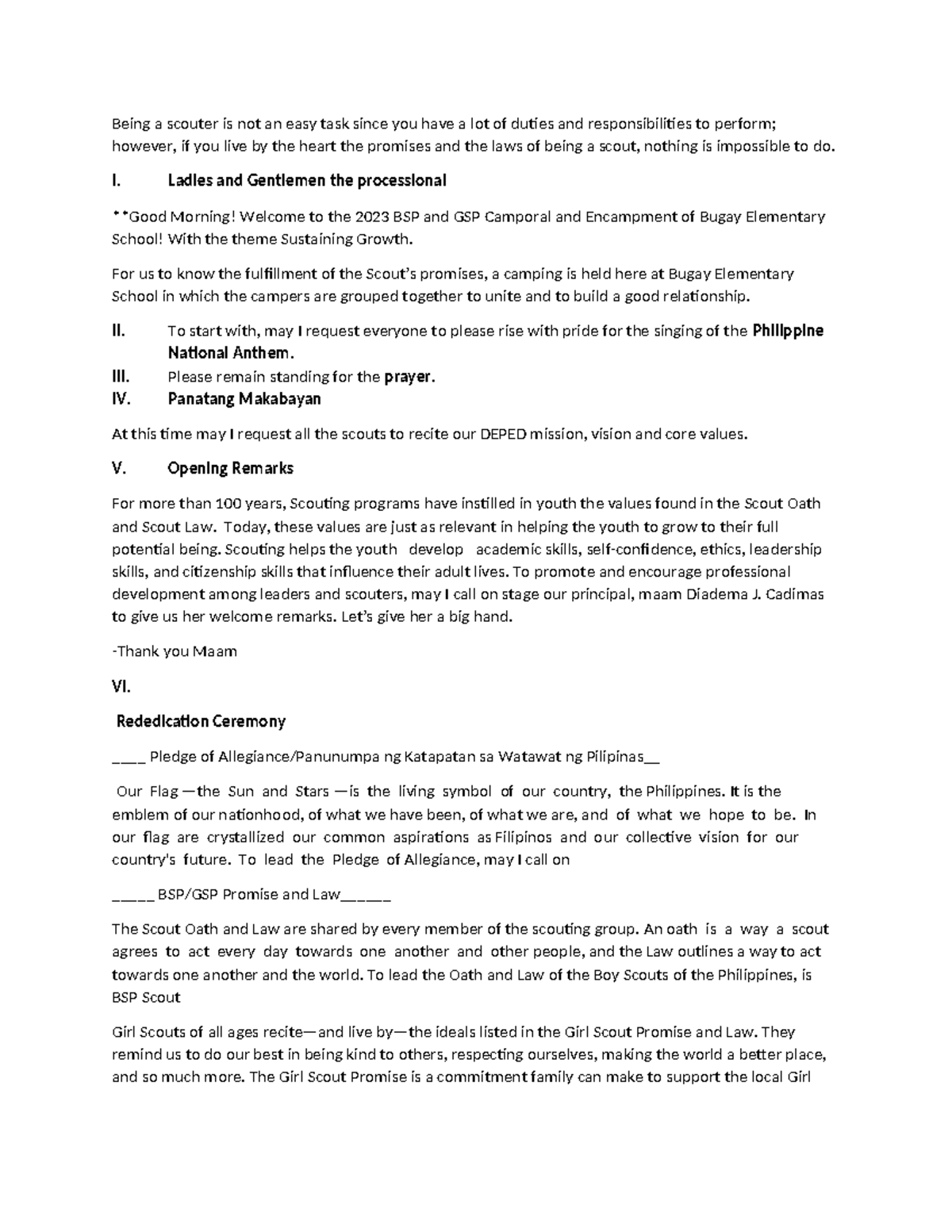 BSP & GSP Camporal Opening Program Script - Bugay Elementary 2023 - Studocu