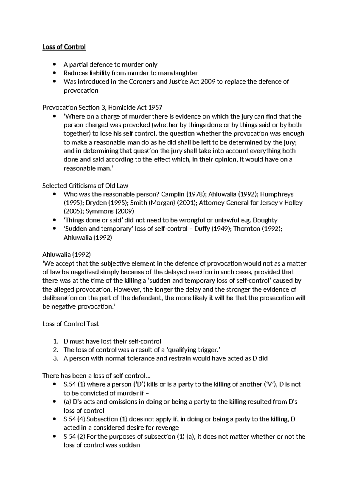 Loss of Control in Homicide: Lecture Notes Overview - Studocu