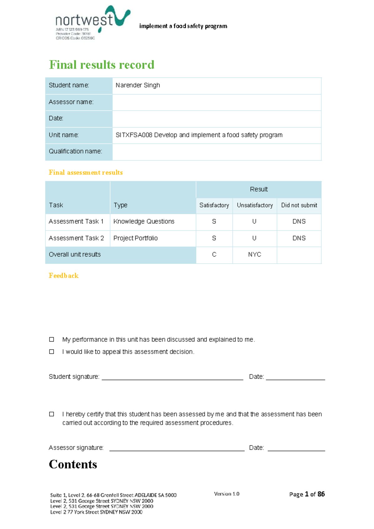SITXFSA008 Food Safety Program Final Assessment Results Record - Studocu
