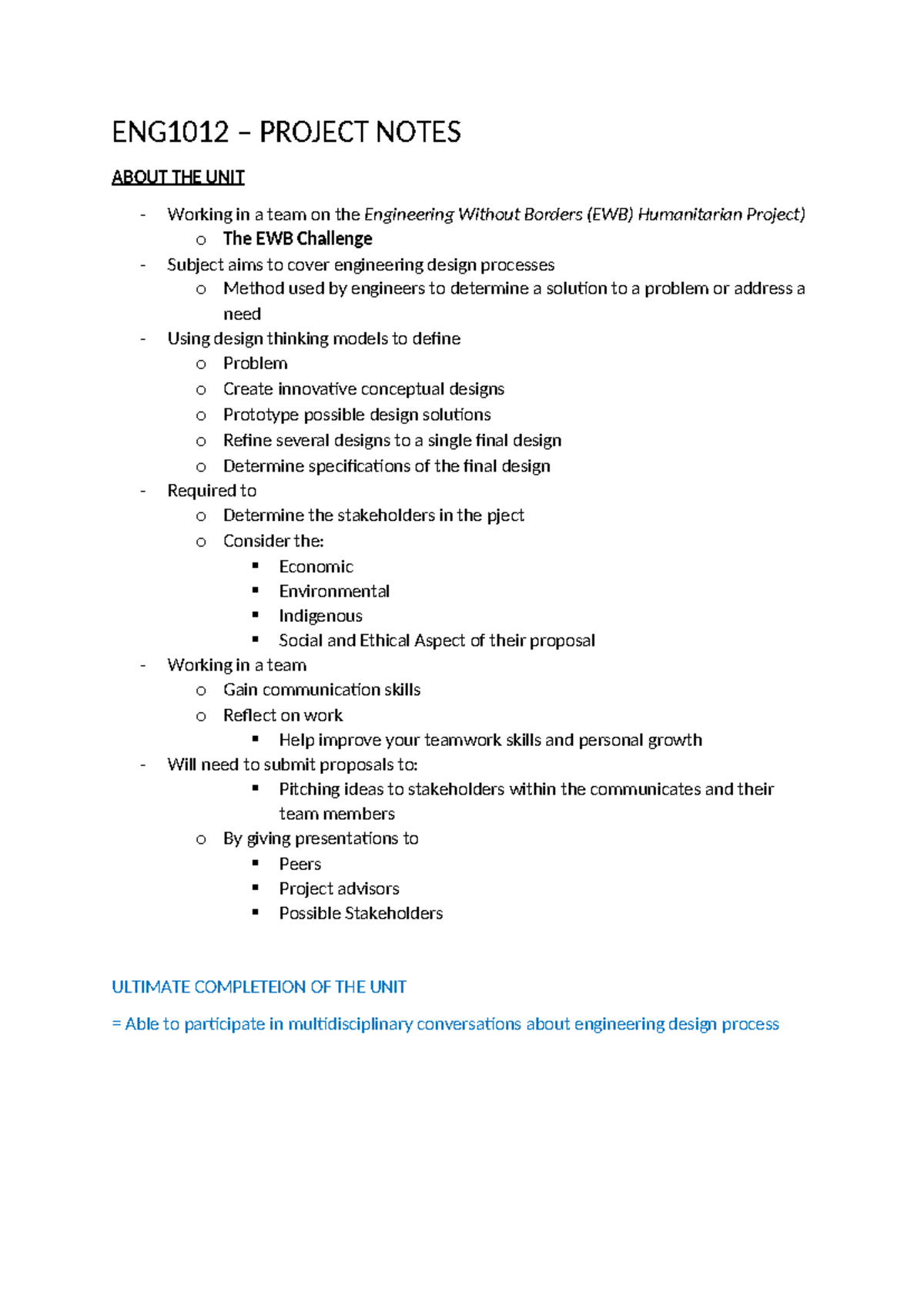 ENG1012 - Humanitarian Project Teamwork & Design Process Notes - Studocu