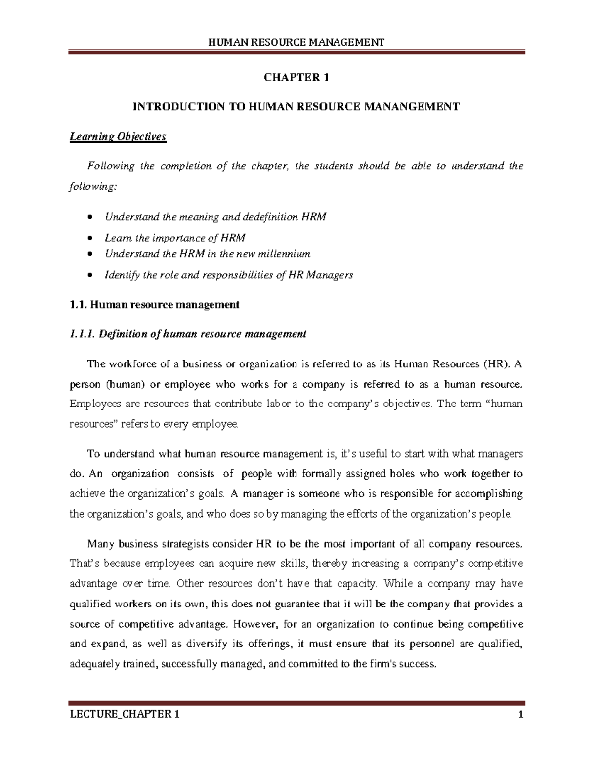 HUMAN RESOURCE MANAGEMENT (HRM) LECTURE CHAPTER 1 OVERVIEW - Studocu