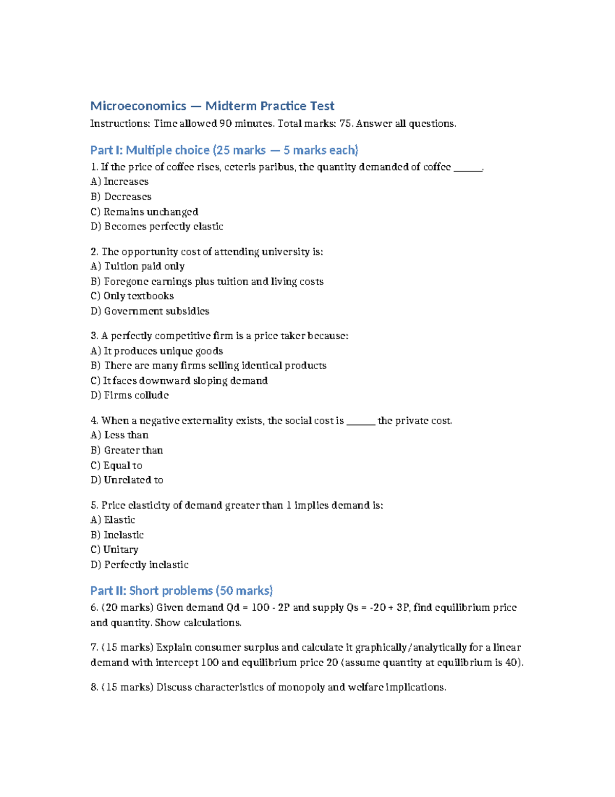Microeconomics Midterm Practice Test: Key Concepts & Questions - Studocu