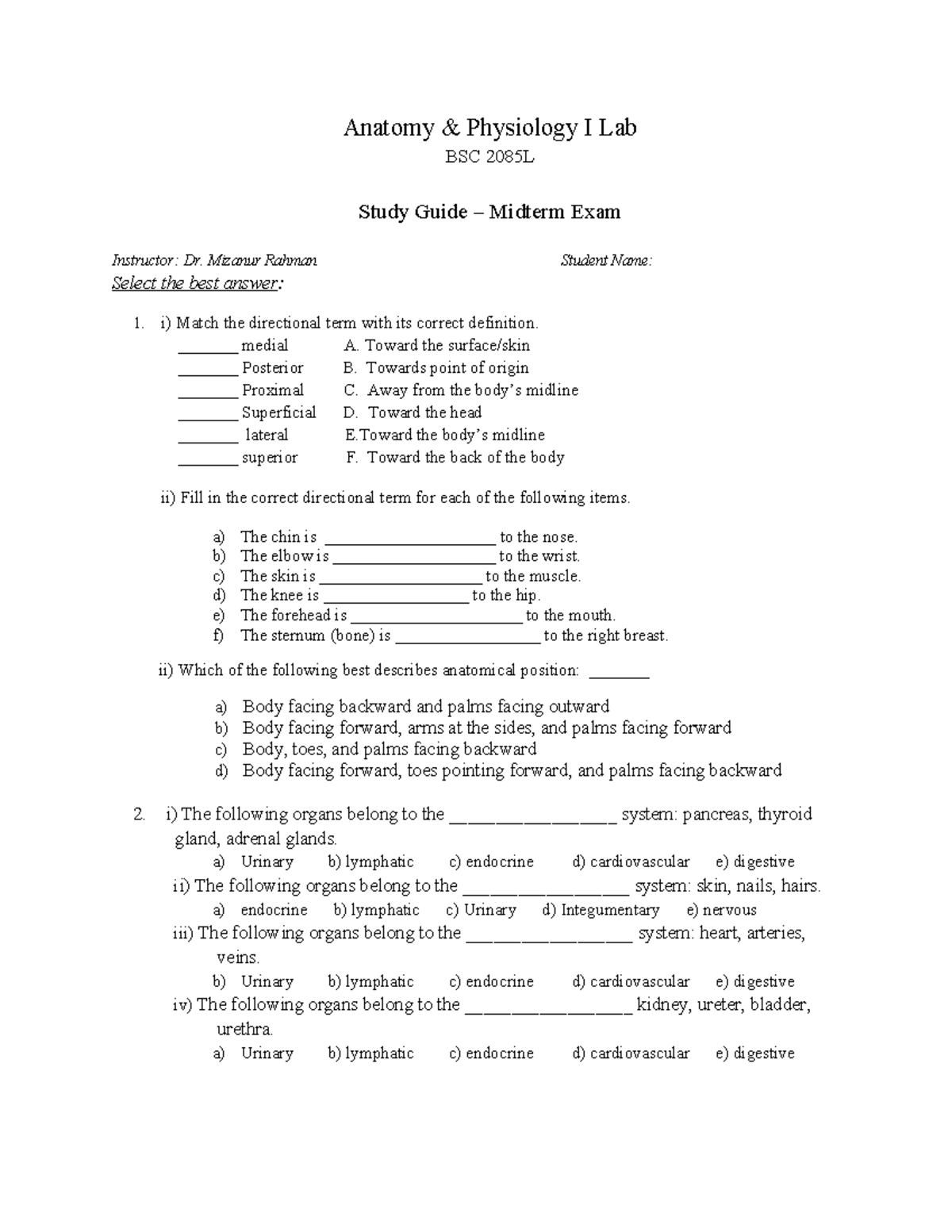 BSC 2085L Midterm Exam Study Guide: Anatomy & Physiology I Lab - Studocu