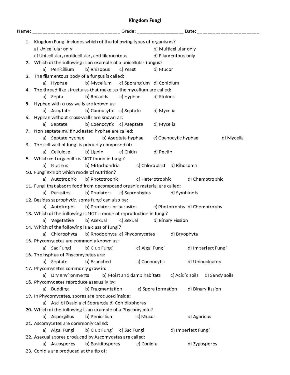 Kingdom Fungi Study Guide: Key Concepts and Quiz Questions - Studocu