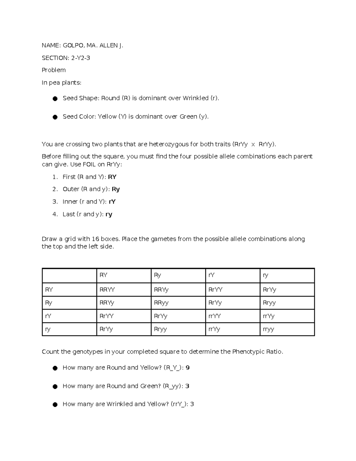 Dihybrid Cross Assignment: RrYy Seed Traits Analysis - Studocu