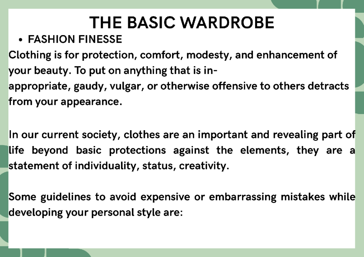 The Basic Wardrobe: Fashion Finesse and Personal Style Guide - Studocu