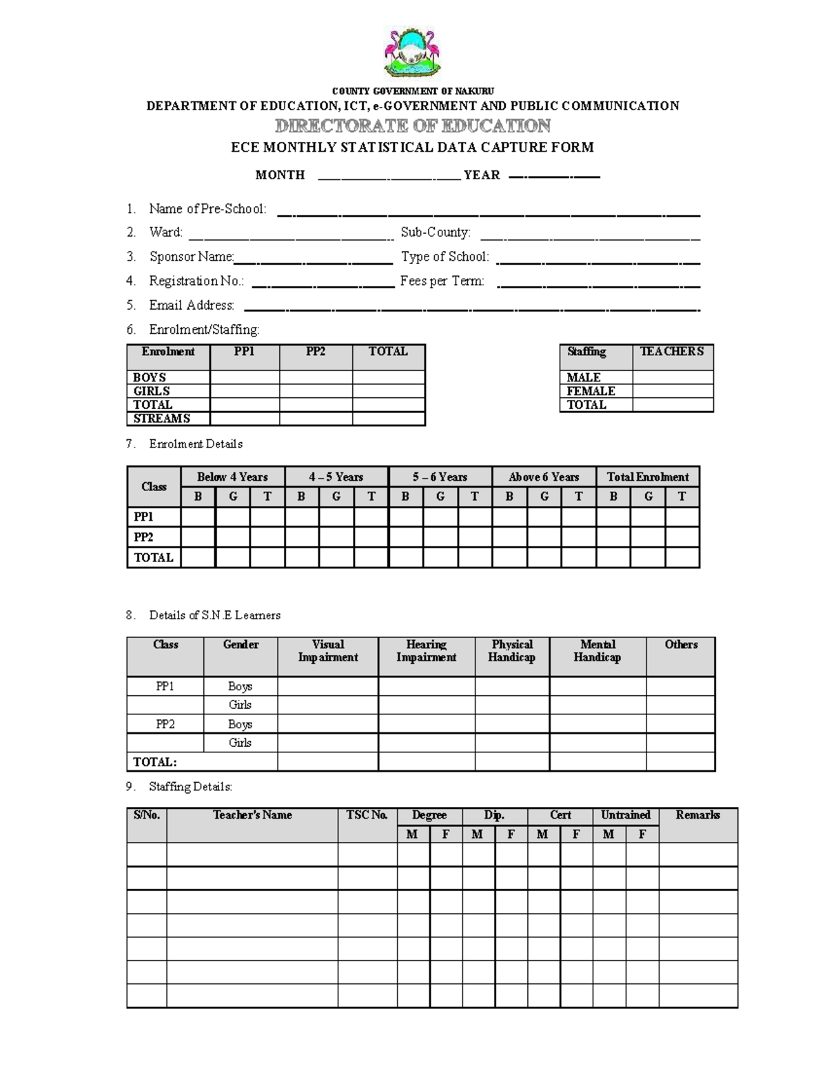 ECDE Centers Monthly Data Collection Tool - Nakuru Data Form - Studocu