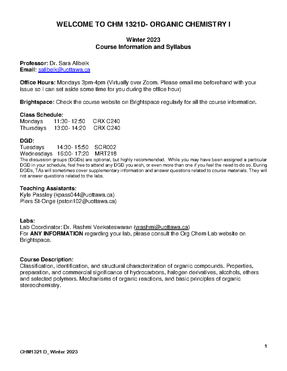 Syllabus for CHM1321D - Organic Chemistry I, Winter 2023 - Studocu
