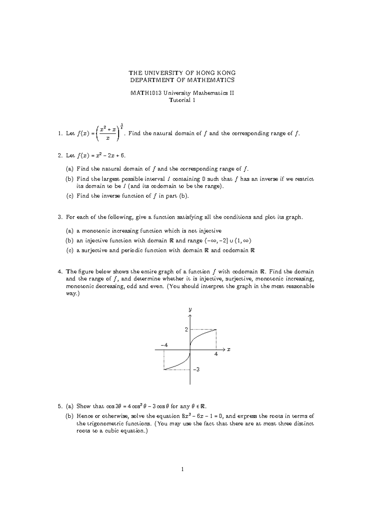 MATH1013 University Mathematics II Tutorial 1: Domain and Range ...