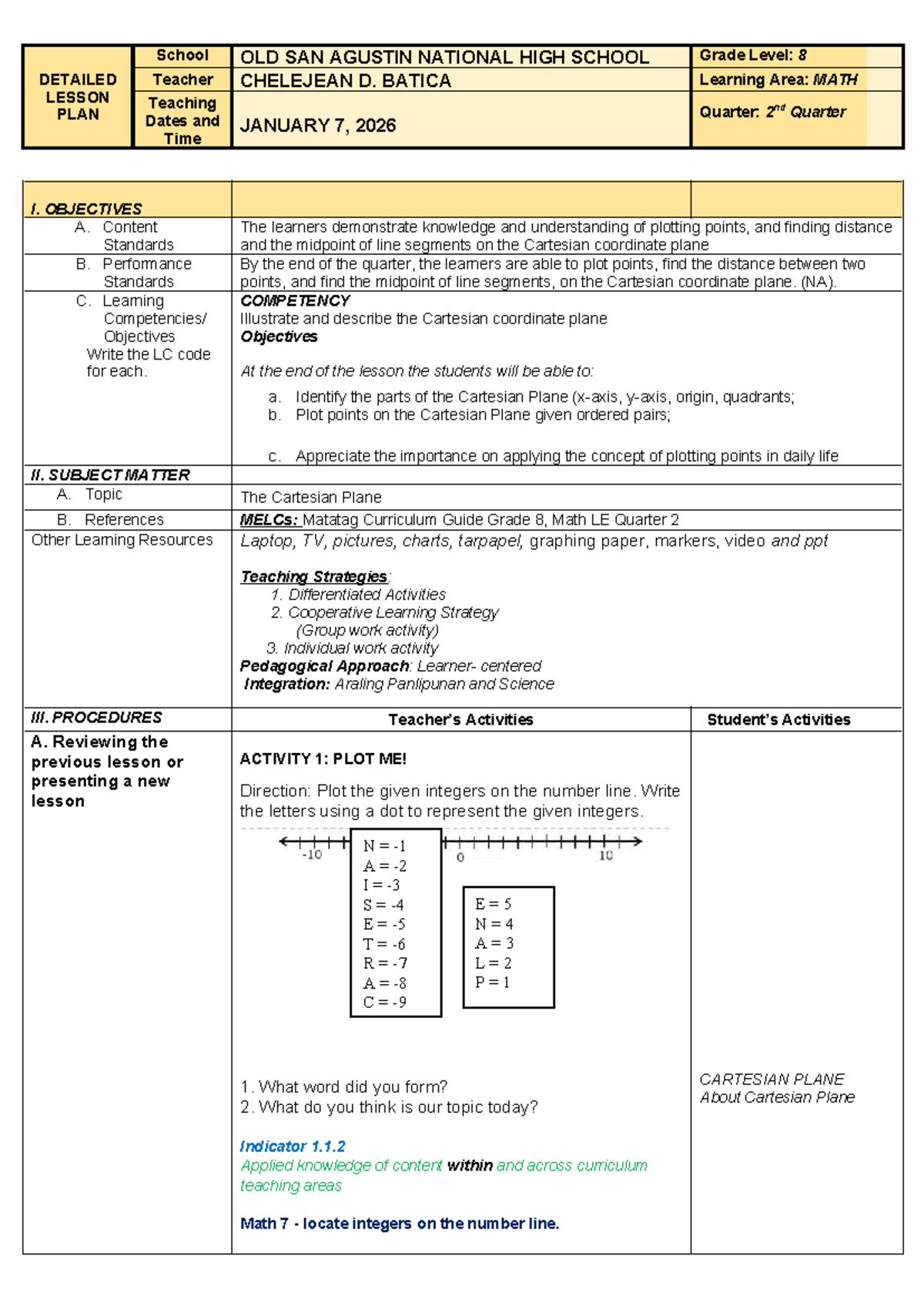 Math 8 Q2 Detailed Lesson Plan on Cartesian Plane - Studocu