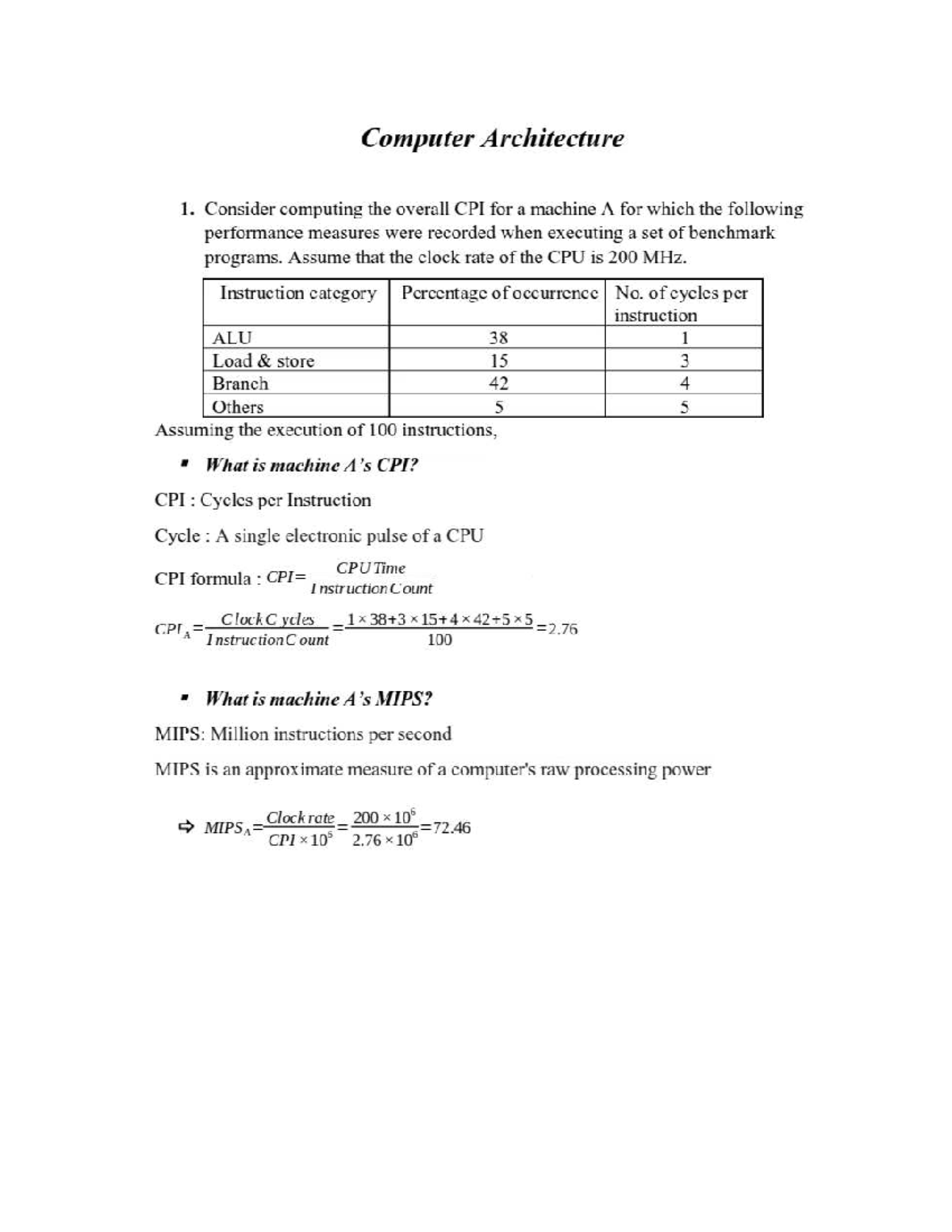 BT PI1814 Computer Architecture 1 - Exercise on CPI and MIPS ...