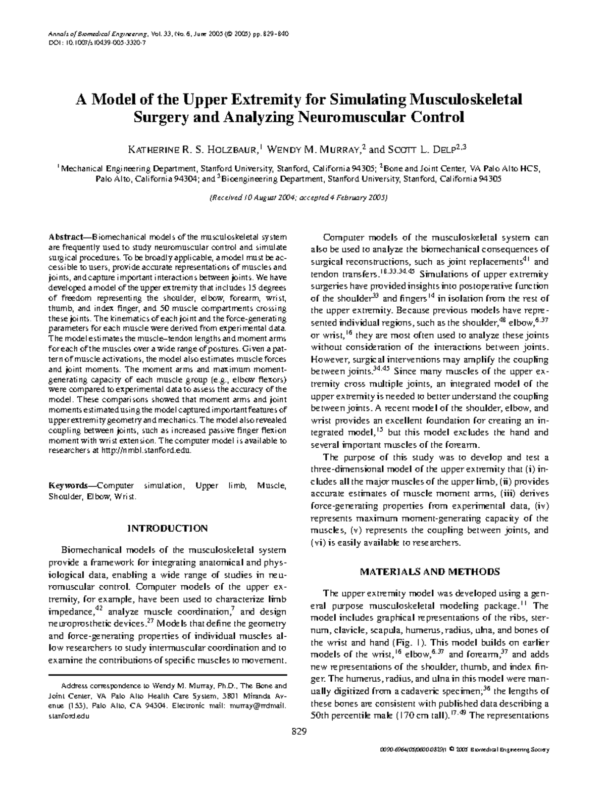 A Comprehensive Model of the Upper Extremity for Biomechanical Analysis ...