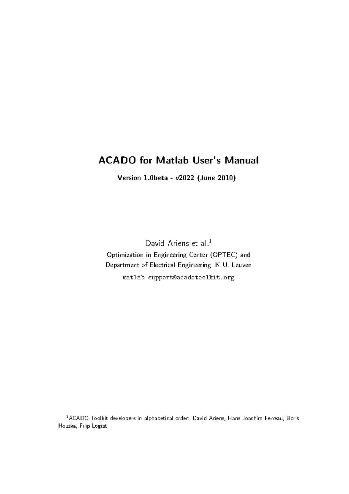 ACADO for Matlab User Manual v1.0beta (June 2010) - Studocu
