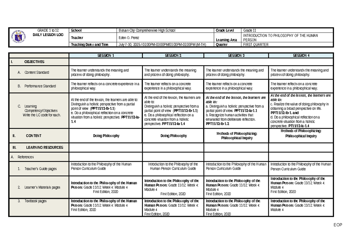 Q1-W4-July - Daily Lesson Log for Grade 11 Philosophy - Studocu