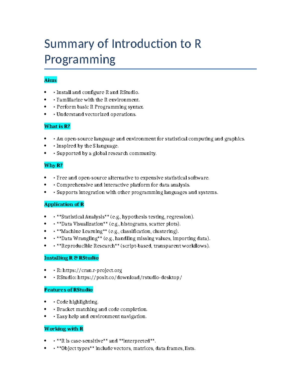 Summary of R Programming Concepts and Basics - Studocu
