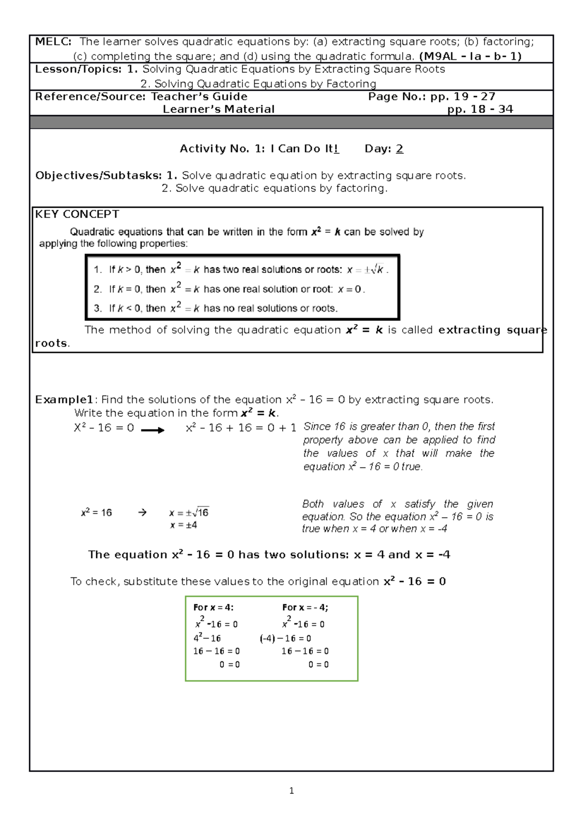 Math 9 Learning Activity Sheets: Solving Quadratic Equations ...