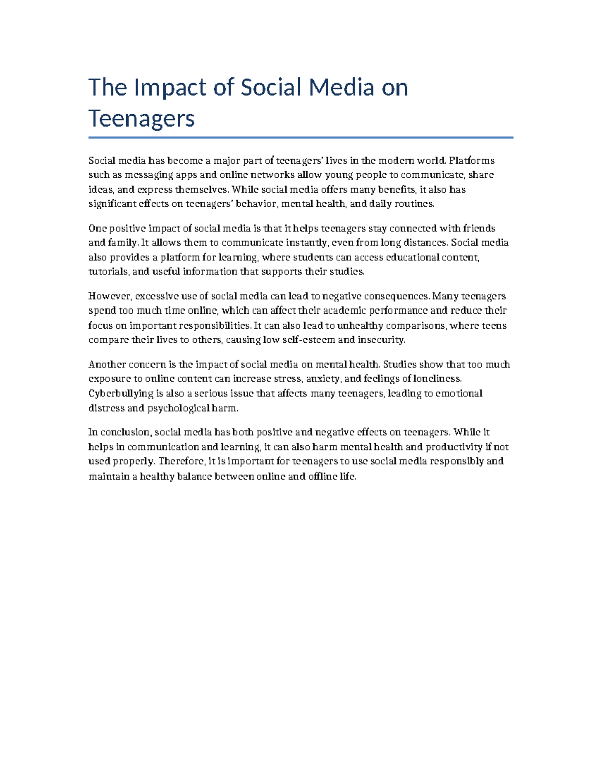 Essay on the Impact of Social Media on Teenagers - Studocu