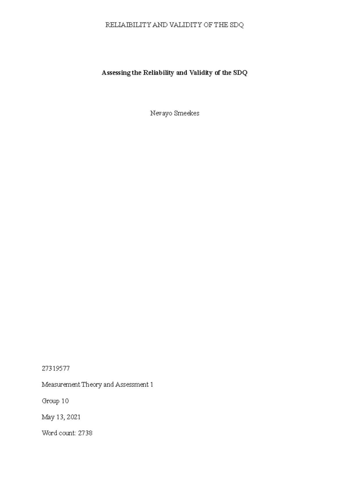 Final Report on SDQ: Assessing Reliability and Validity in Children ...