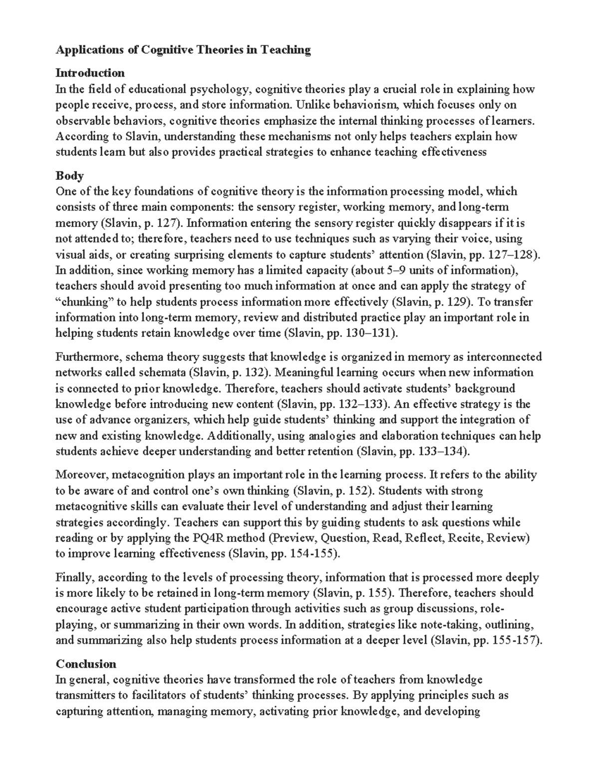 Cognitive Theories in Teaching: Strategies for Effective Learning - Studocu