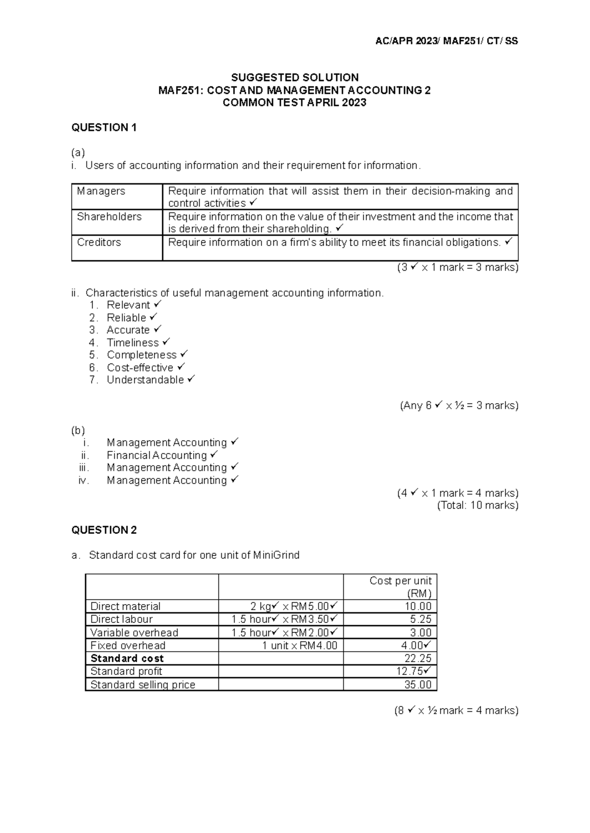 MAF251: Common Test Solutions April 2023 - Cost & Management Accounting ...