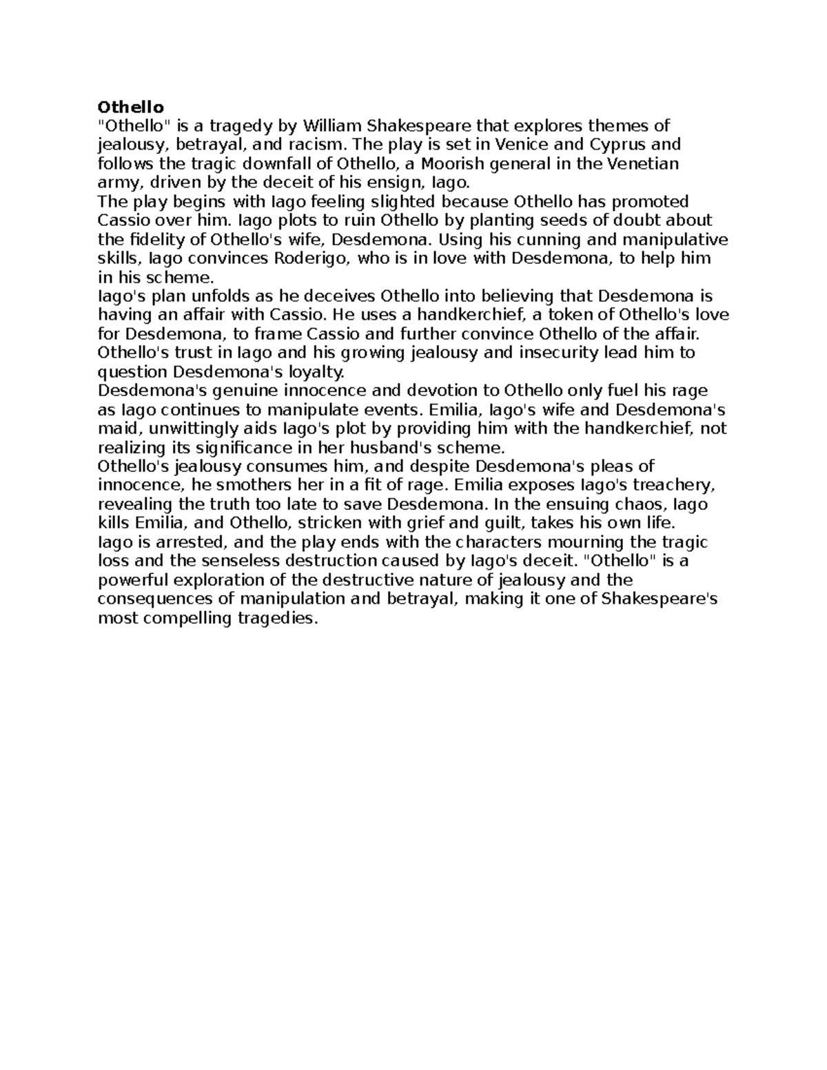 Othello - Tragic Summary of Jealousy and Betrayal in Shakespeare's Play ...