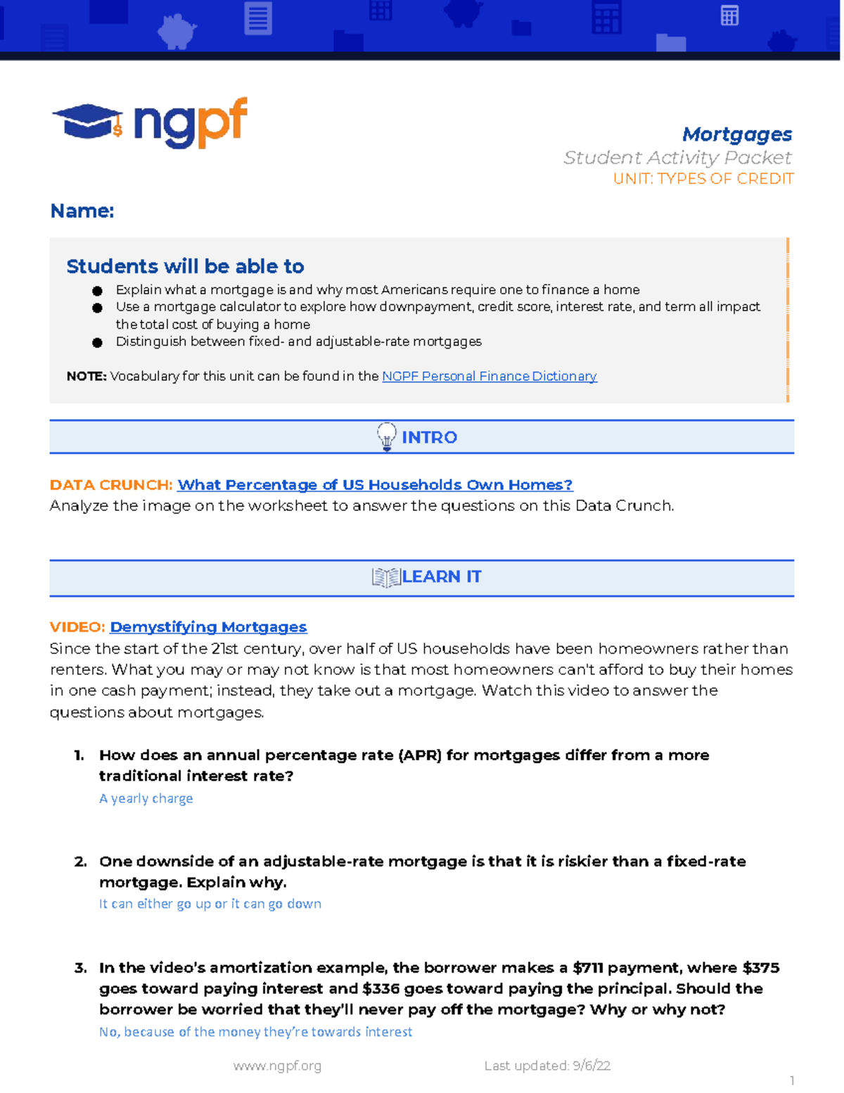 The Tax Cycle and Job Paperwork - Mortgages Student Activity Packet ...