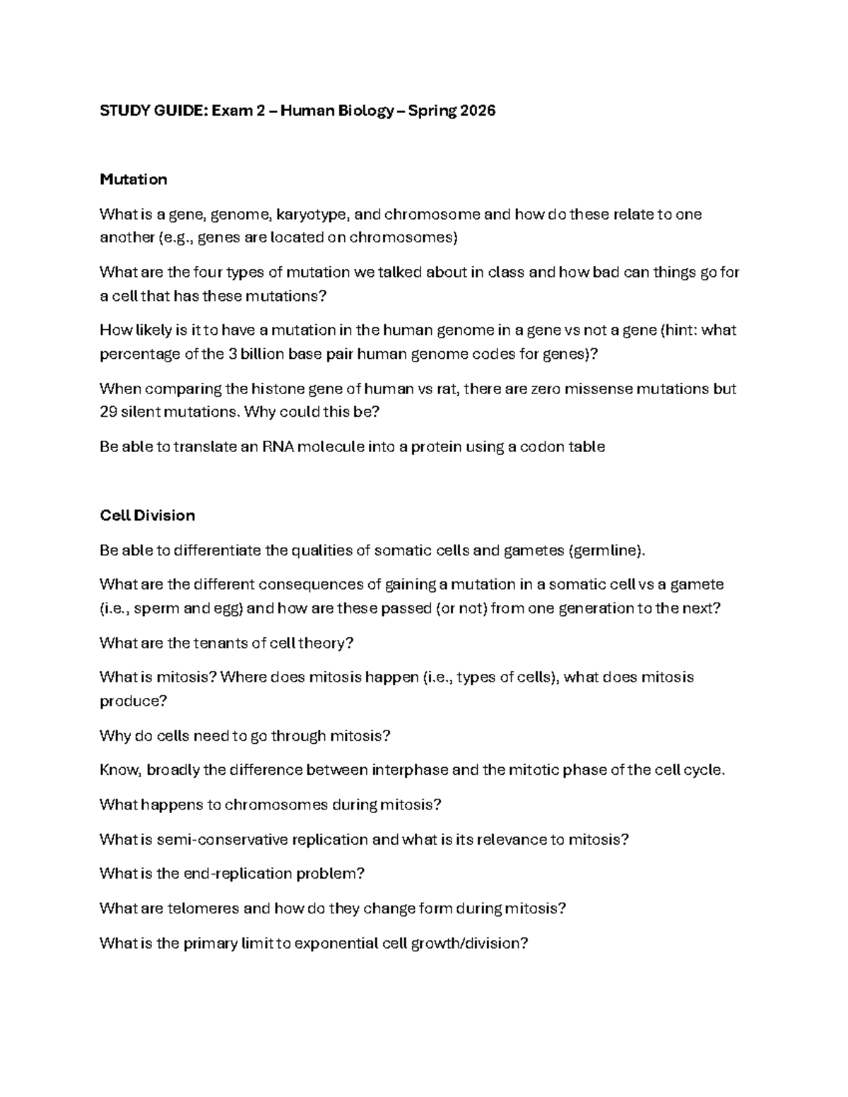 Exam 2 Study Guide: Human Biology Spring 2026 - Studocu