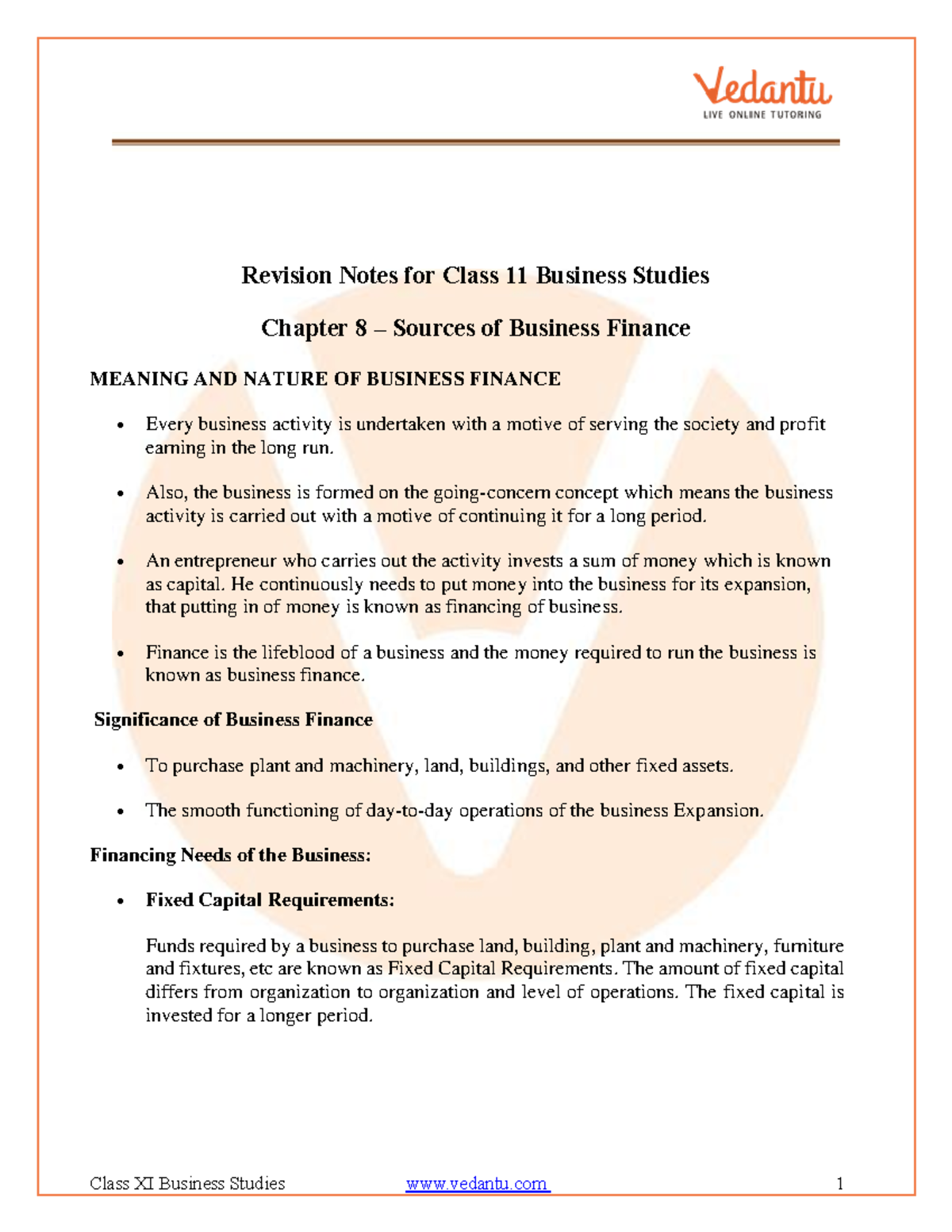 CBSE Class 11 Business Studies: Chapter 8 Finance Sources Notes - Studocu