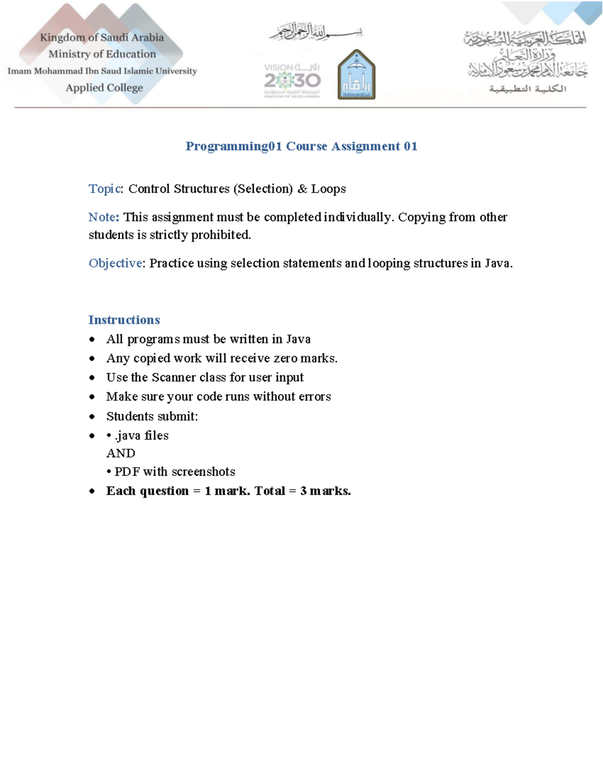 Programming01: Assignment 01 - Control Structures & Loops - Studocu
