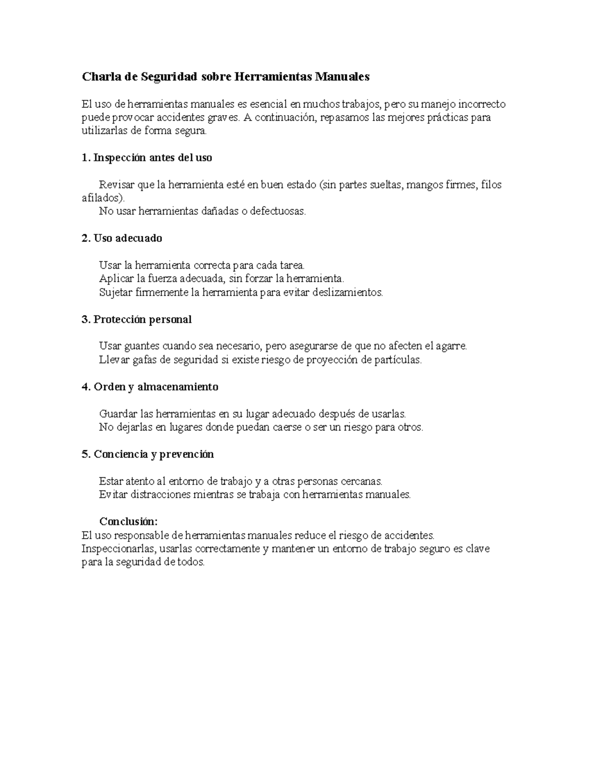 Guía de Seguridad en el Uso de Herramientas Manuales - Charla - Studocu