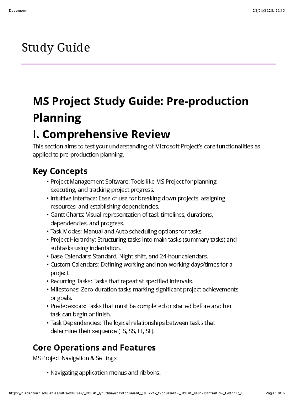 MS Project Study Guide: Pre-production Planning - Studocu