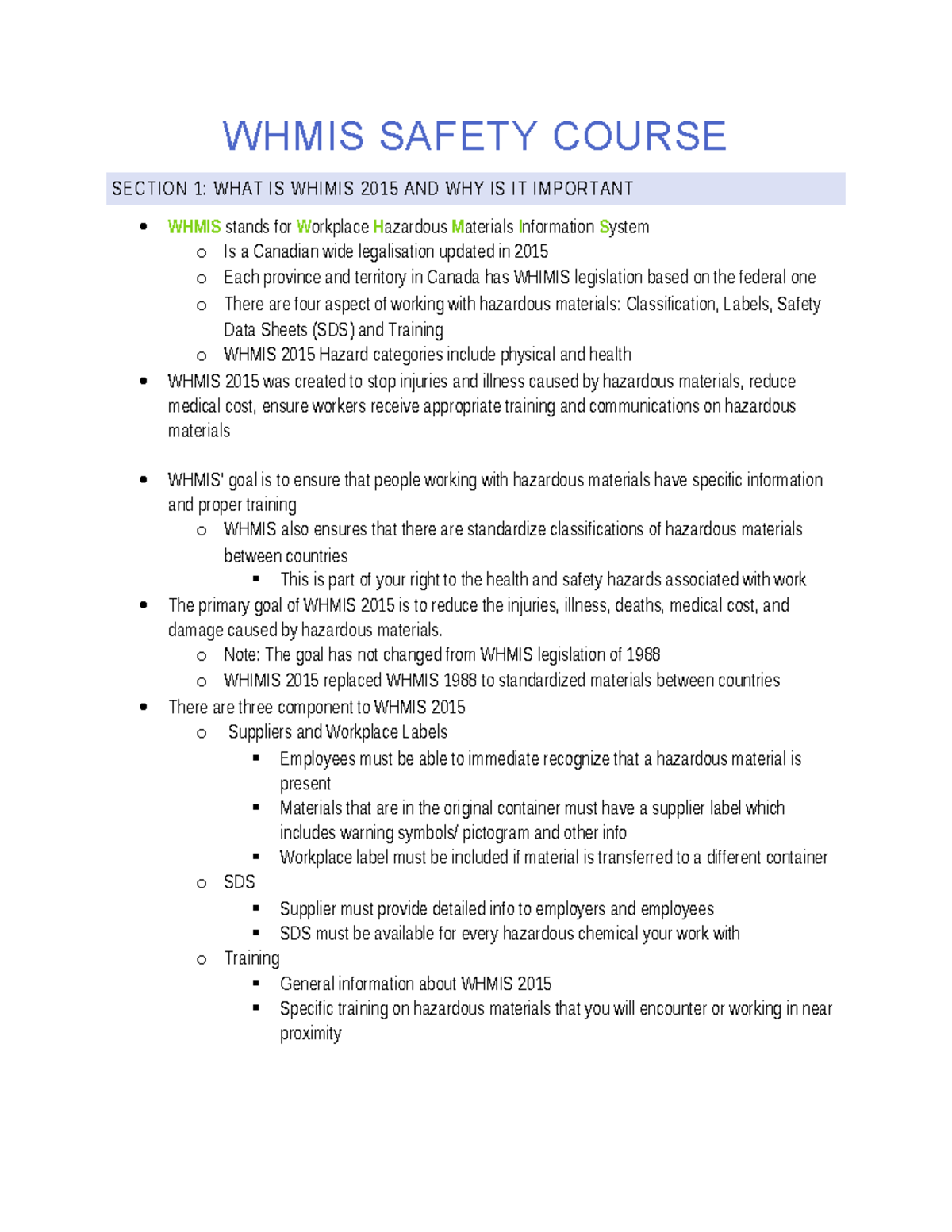 Whmis Safety Course - Lecture notes from module - WHMIS SAFETY COURSE ...