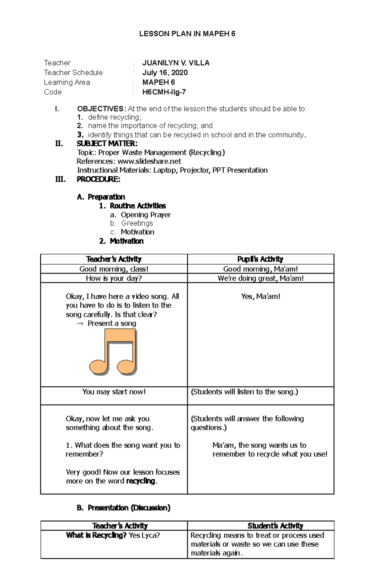 MAPEH 6 Lesson Plan: Proper Waste Management & Recycling Activities ...