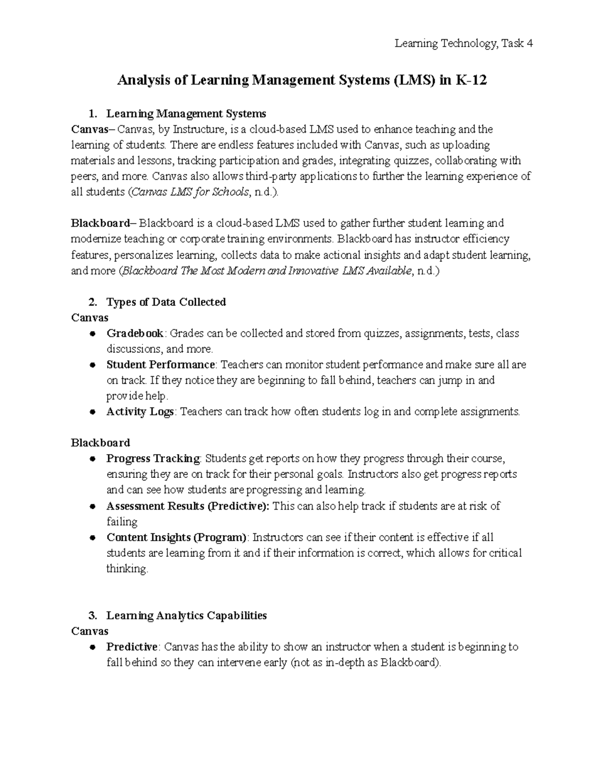 294 Learning Technology Performance Task 4: Analysis of LMS - Studocu