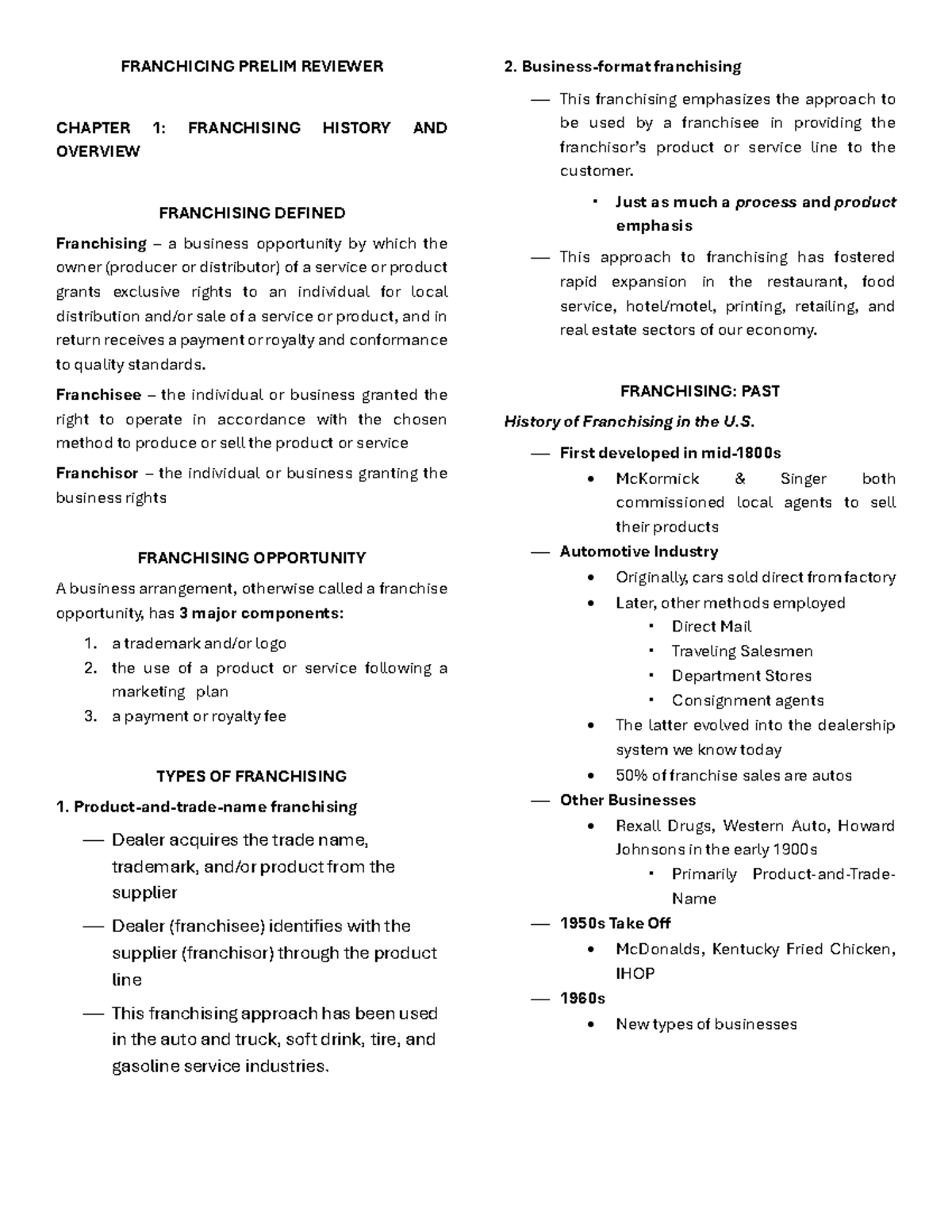 FRANCHISING PRELIM REVIEWER: CHAPTER 1 OVERVIEW & HISTORY - Studocu