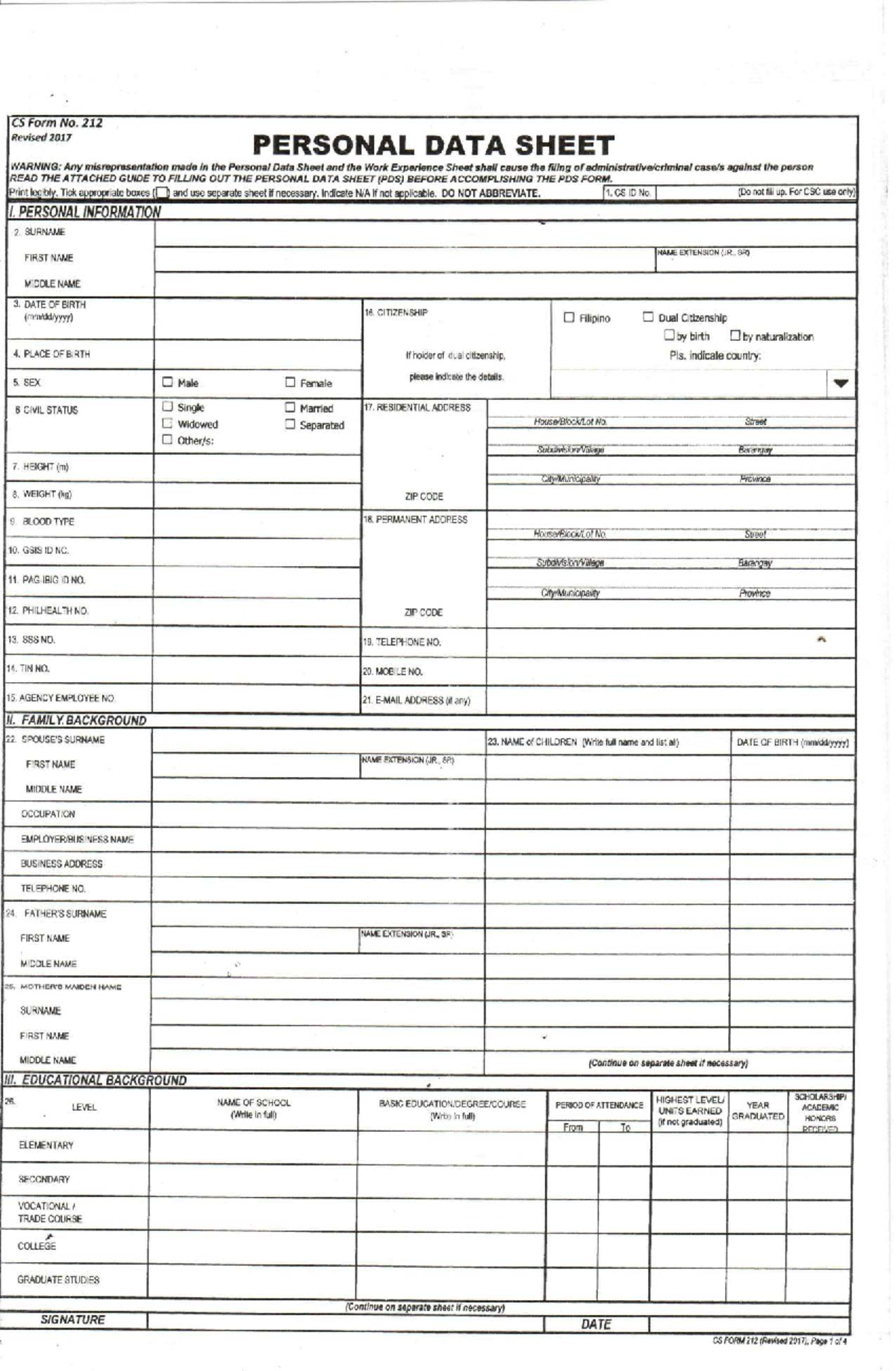 CS Form No. 212 (Revised 2017) - Personal Data Sheet Instructions - Studocu