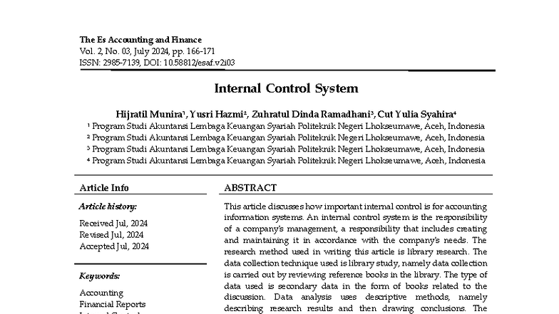 Internal Control System in Accounting: Insights from ESAF Vol. 2, No ...