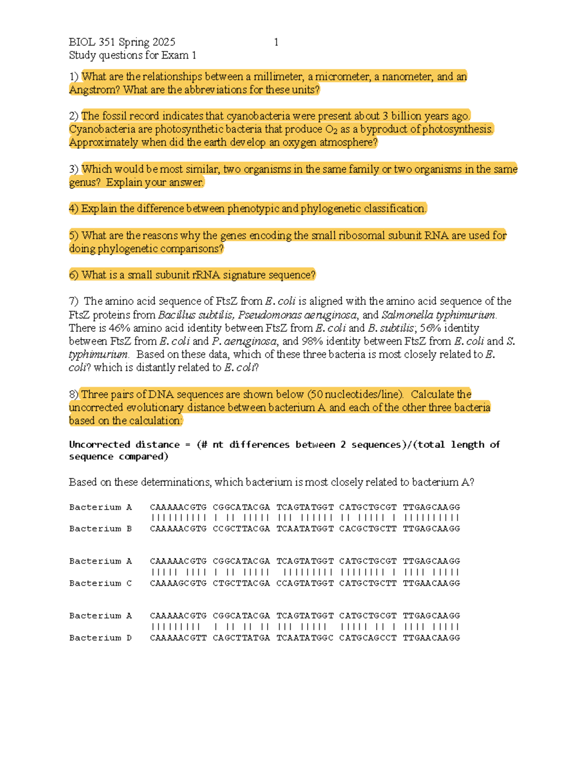 BIOL 351 Spring 2025 Exam 1 study questions and notes - Studocu