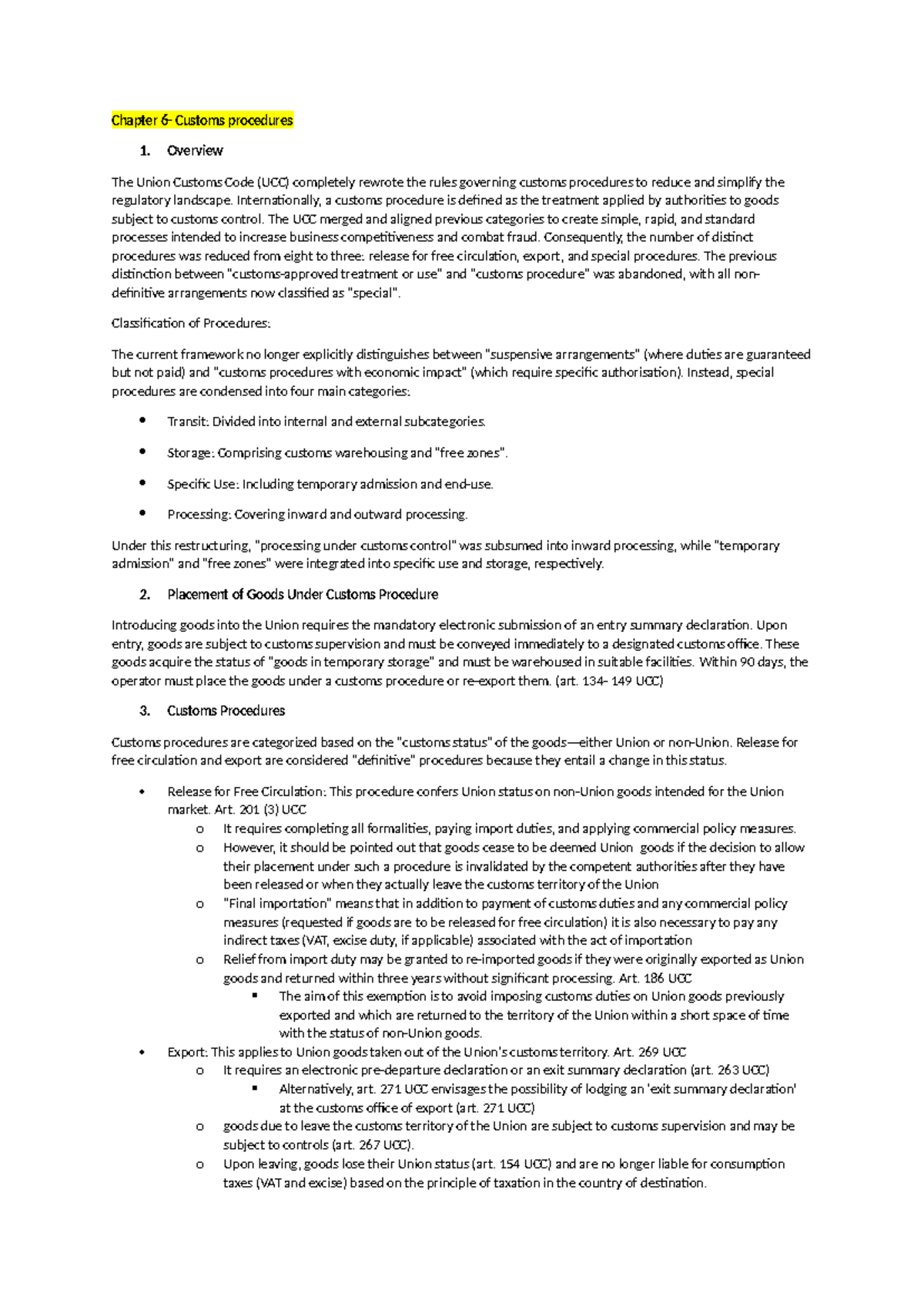 Chapter UCC Customs Procedures: Overview and Key Principles - Studeersnel